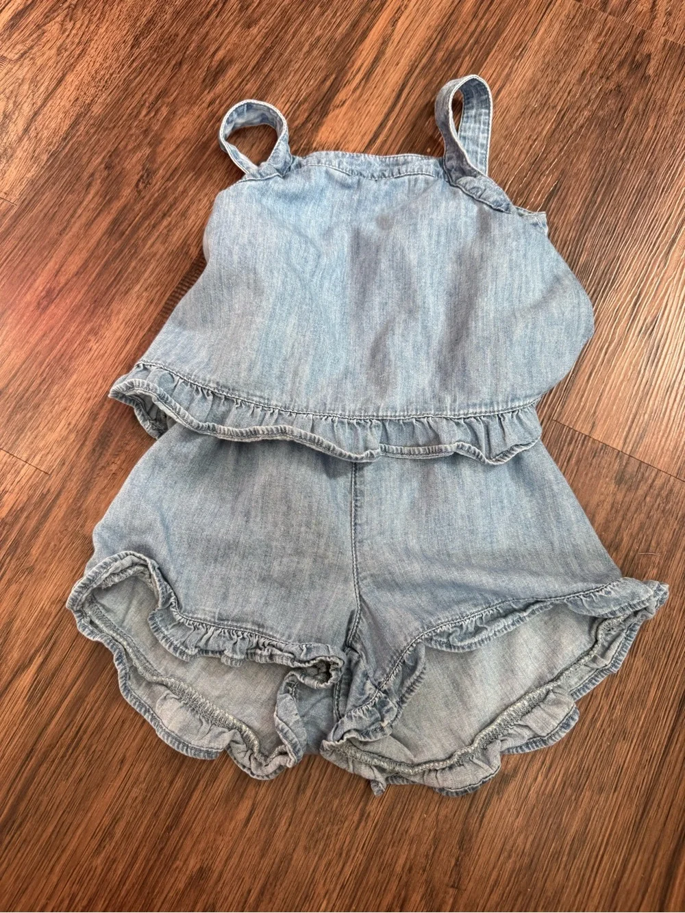 GAP Light Denim Ruffle Romper in Light Blue